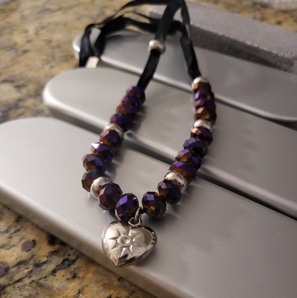 Metallic beaded necklace and bracelet w silver heart charms